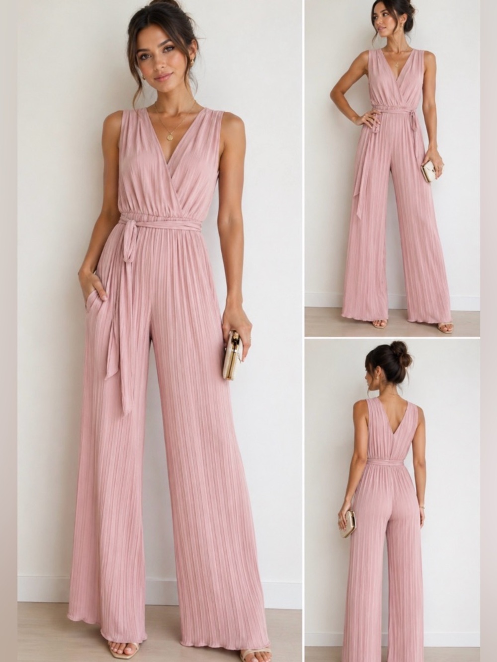 Blush Pink Pleated Wide Leg Jumpsuit Tie Waist Sleeveless